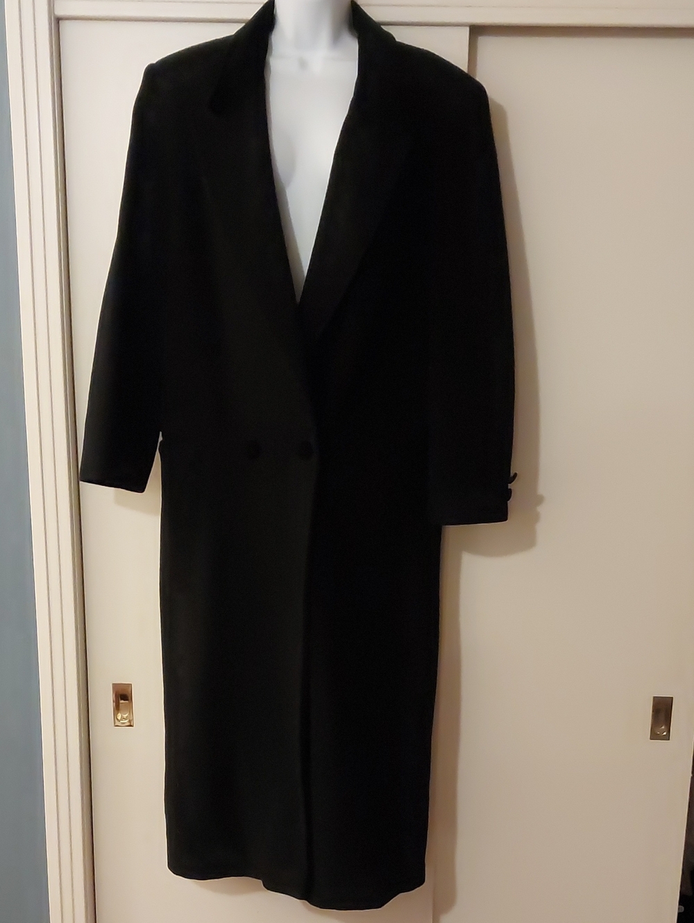 Charter Club Black Wool Long Trench Coat with Black velvet collar and trim